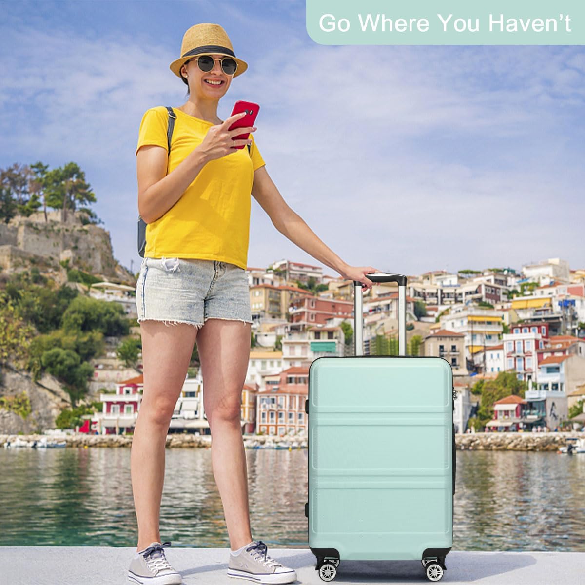 kono 24 inch luggage suitcase with spinner wheels tsa lock lightweight pc+abs hardside medium checked luggage durable rolling suitcase mint green checked-medium 24-inch mint green