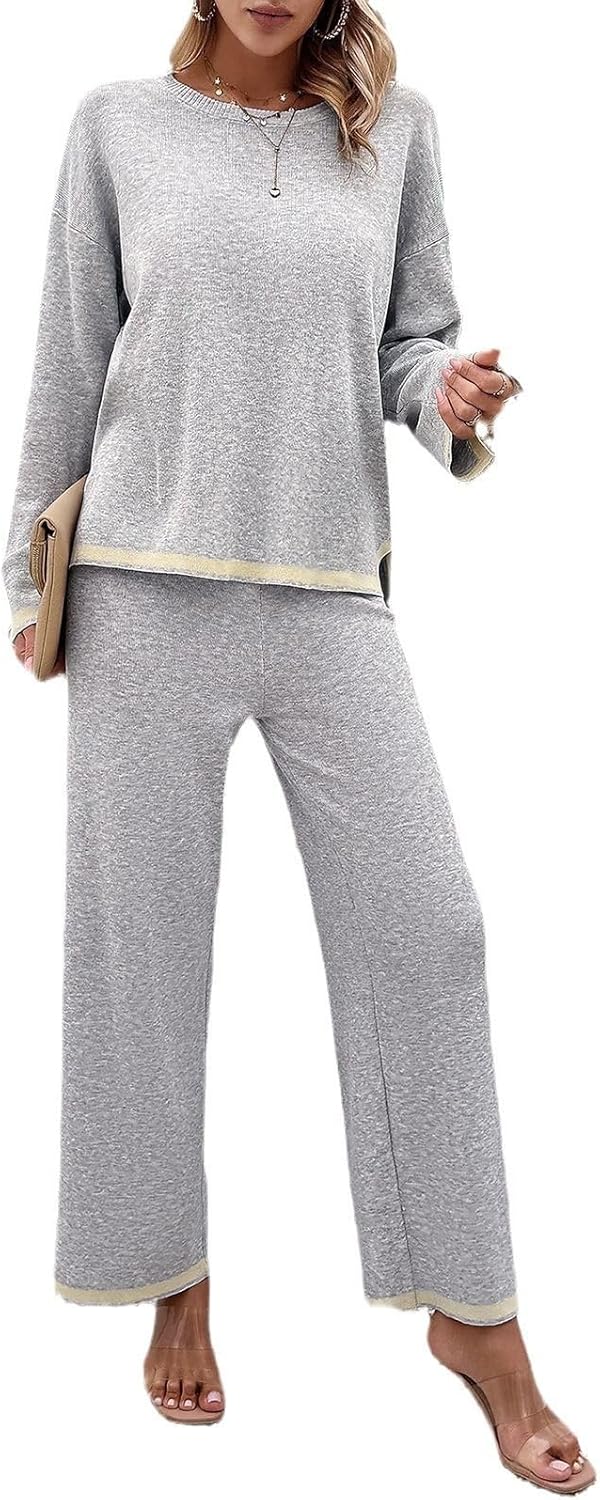 Women's 2 Piece Outfits Sweatsuits Long Sleeve Knit Sweater Top Wide Leg Knit Pants Lounge Sets Tracksuits