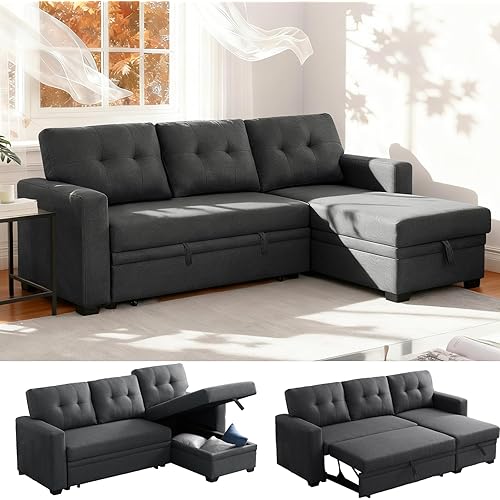 Dreamzie L Shaped Sectional Sleeper Sofa with Storage Chaise, 3 Seater Pull Out Couch for Living Room, Convertible Sofa Bed Couch for Apartment, Office - Dark Grey | Linen