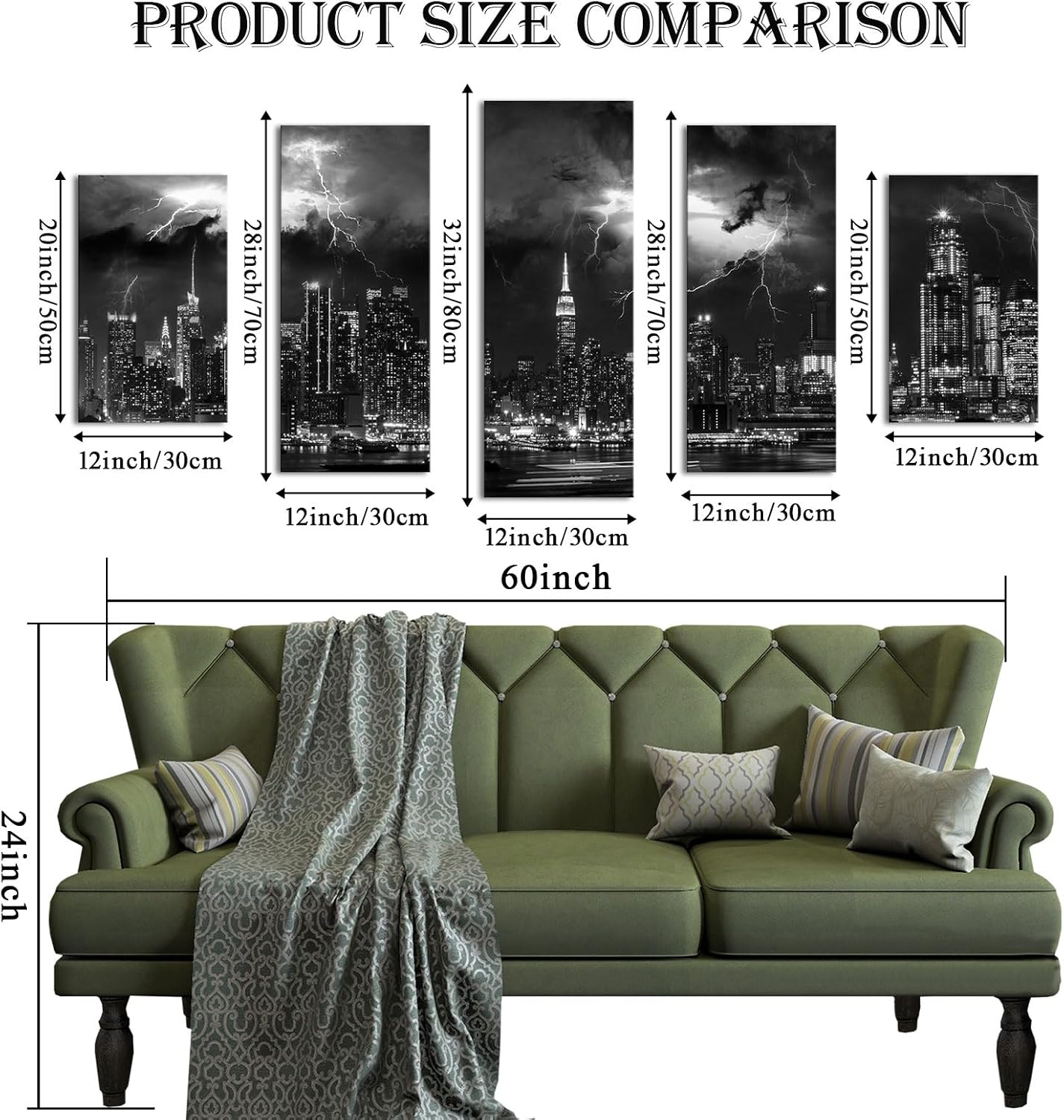 VANSEEING 5 Panel Black and White Wall Art Lightning Storm New York City Cityscape Pictures Canvas Prints Night View Modern Large Artwork Wall Decor for Home Office Bedroom Living Room 60" Lx 32" W