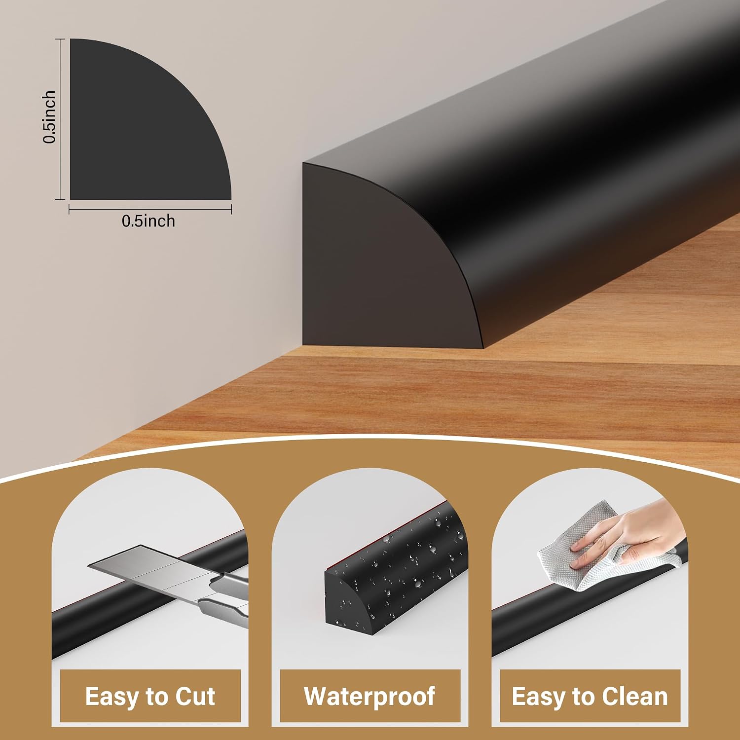 Flexible Quarter Round Molding, Mini Peel and Stick Wall Molding, Rubber Edge Trim for Floor, Bendable Trim for Curved Stairs, Corner, Tub,Cabinet (Black, 240” L x 0.5” W x 0.5” H)