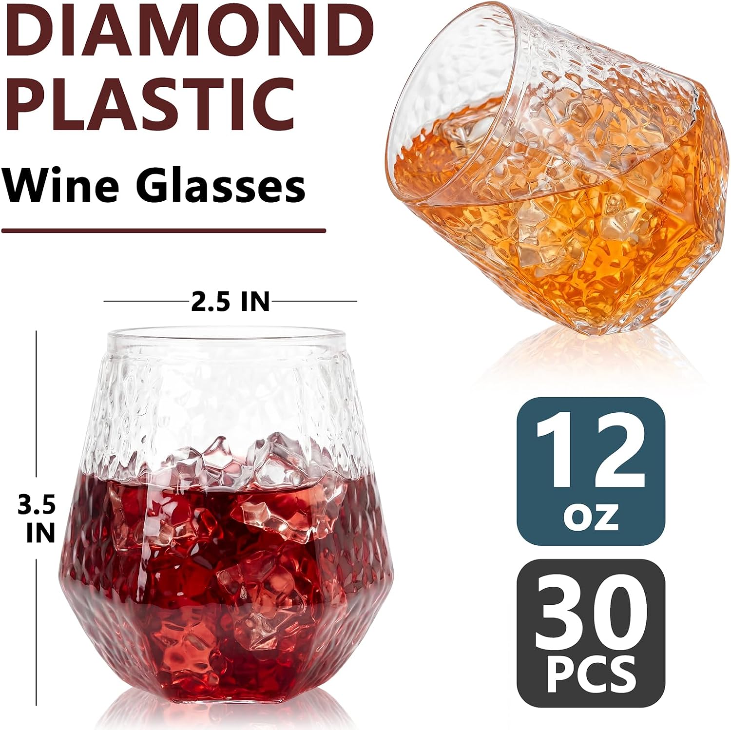 Ciaell 30 Pack Diamond Plastic Wine Glasses - 14 Oz Plastic Stemless Wine Glasses - Hammered Unbreakable Disposable Cups Whiskey Drinkware for Parties & Weddings & Birthdays