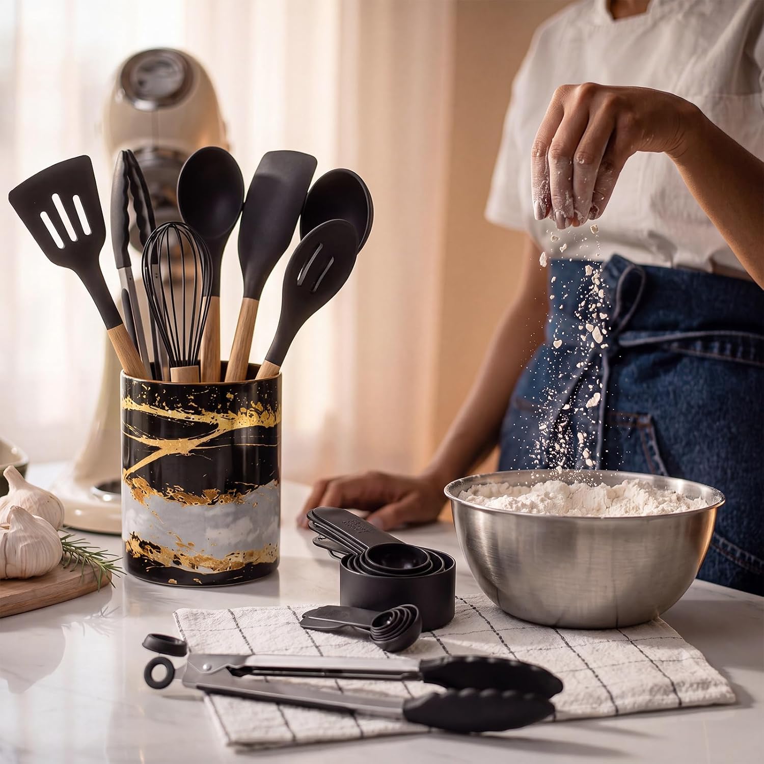 10 Pcs Black and Gold Kitchen Utensils Set Marble Ceramic Holder