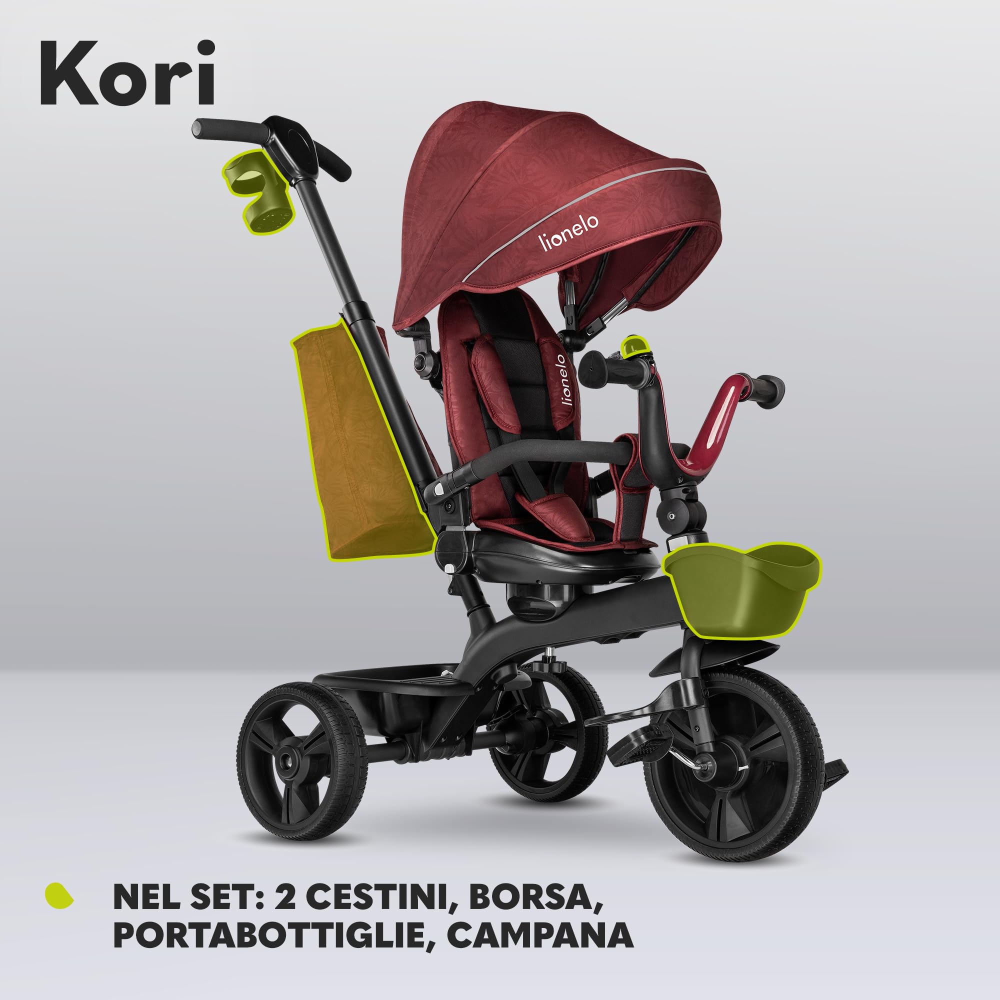 LIONELO Kori Triciclo Evolutivo per Bambini da 1.5 Anni fino a 25 kg Sedile Girevole 360° Telaio ultraleggero in lega di magnesio, Pneumatici resistenti, Maniglione per genitori e Accessori