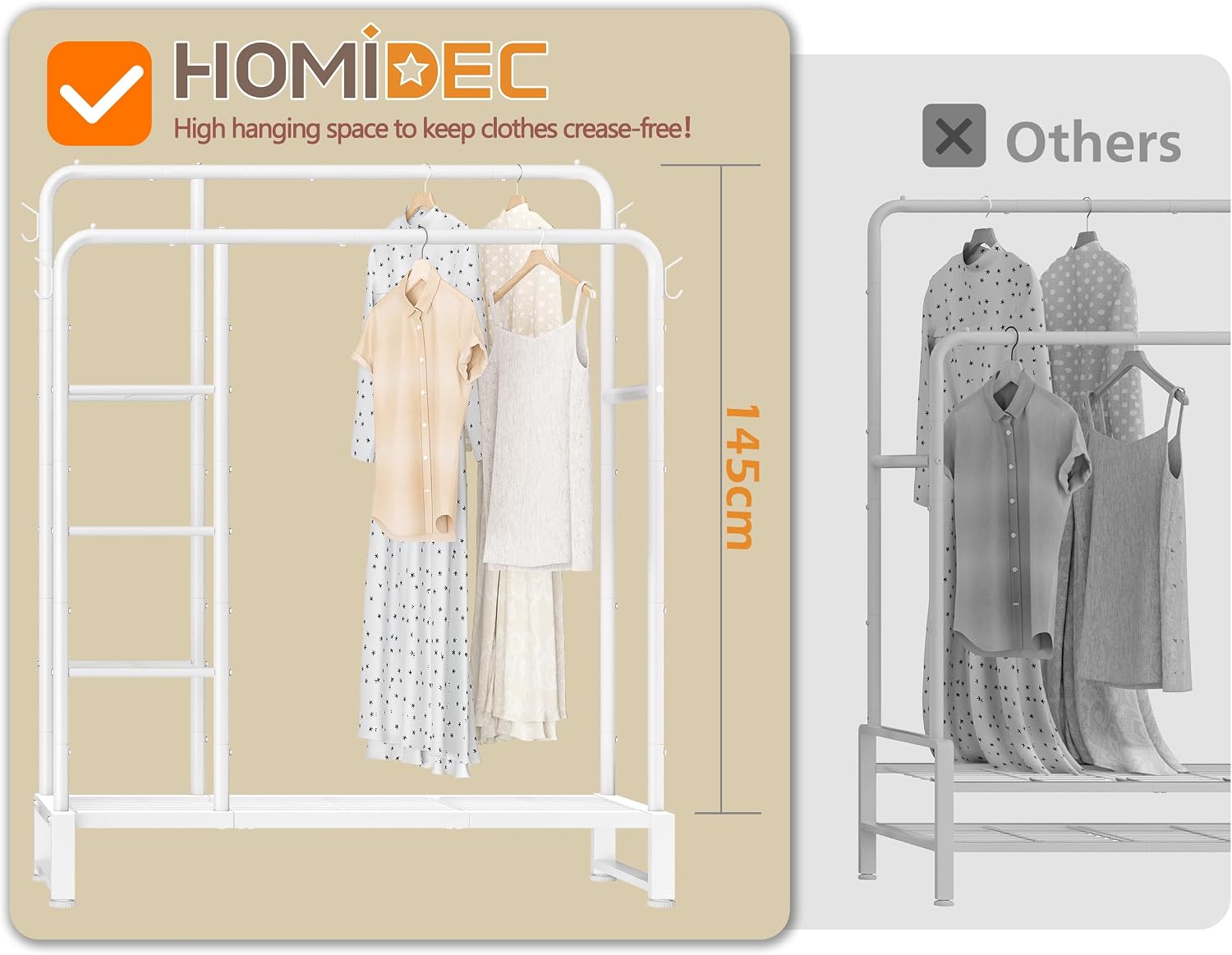 Comparison image showing the HOMIDEC rack with high hanging space (145cm) versus a competitor's rack with less space, highlighting crease-free clothing.