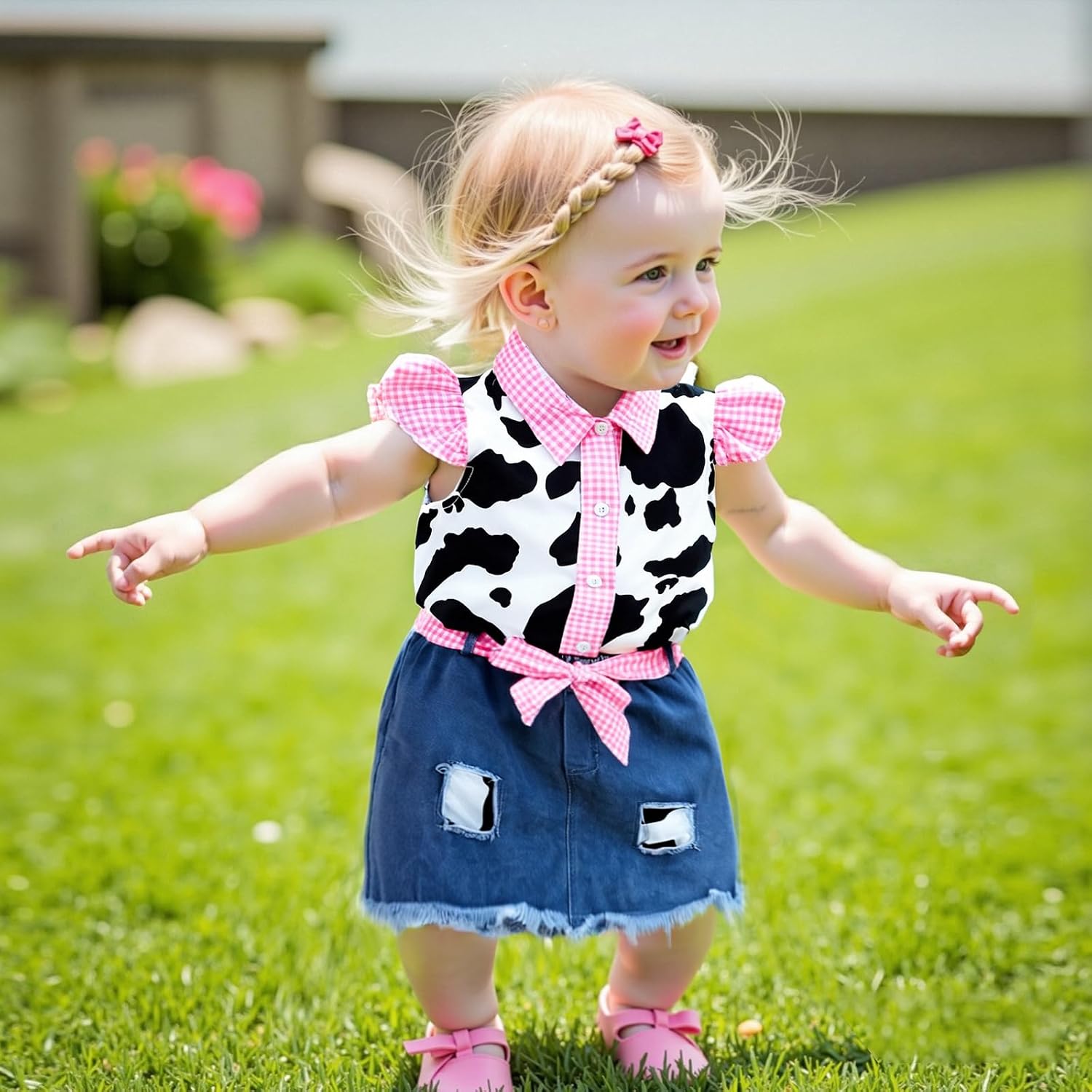 Toddler Cowgirl Outfit Girl Denim Skirt Set Cow Print Shirt Button Down Top and Skirt Kids Jeans Set Western Clothes