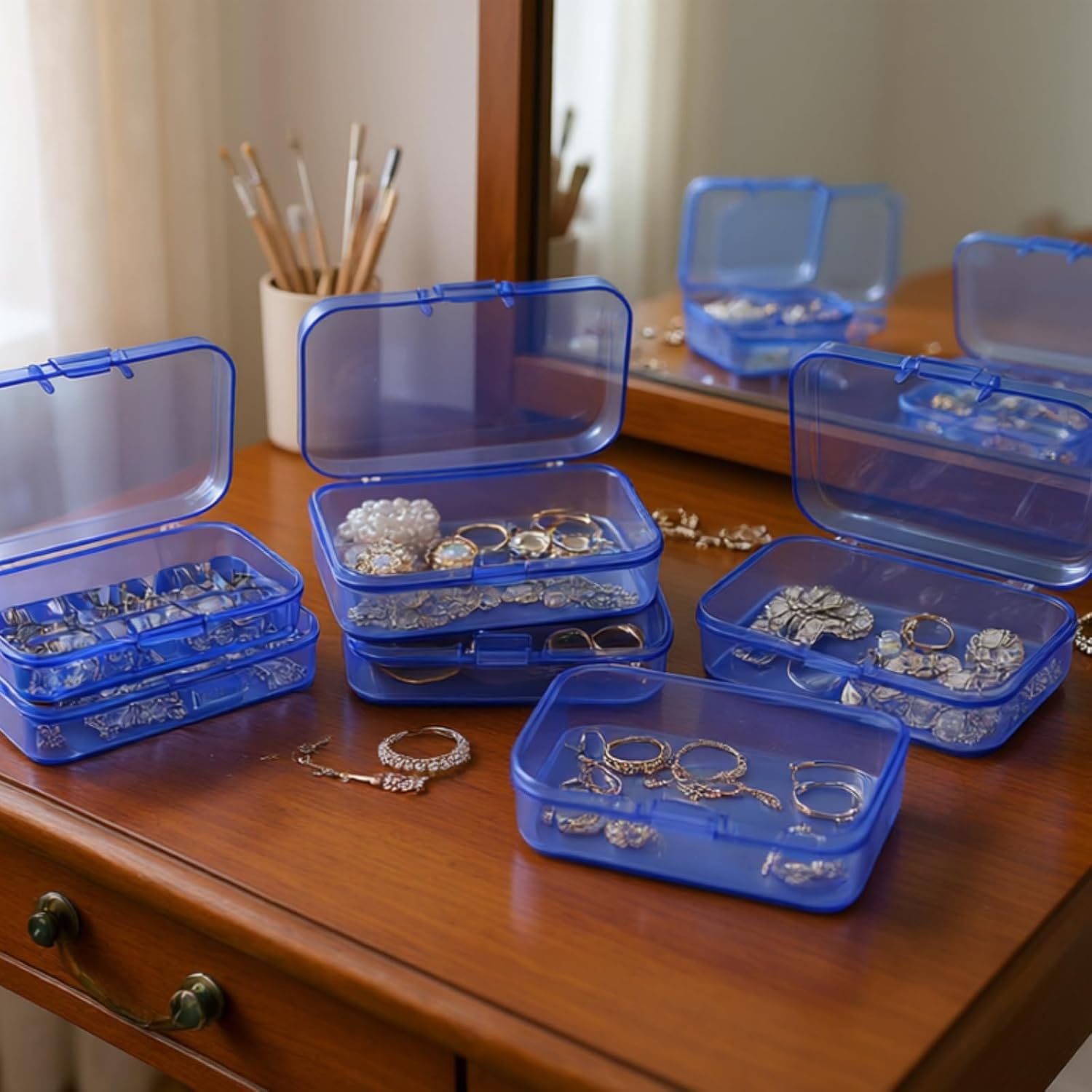Goodma 12 Pieces Mini Rectangular Plastic Boxes Empty Storage Organizer Containers with Hinged Lids for Small Items and Other Craft Projects (Blue, 3.3 x 2.2 x 1 inch)