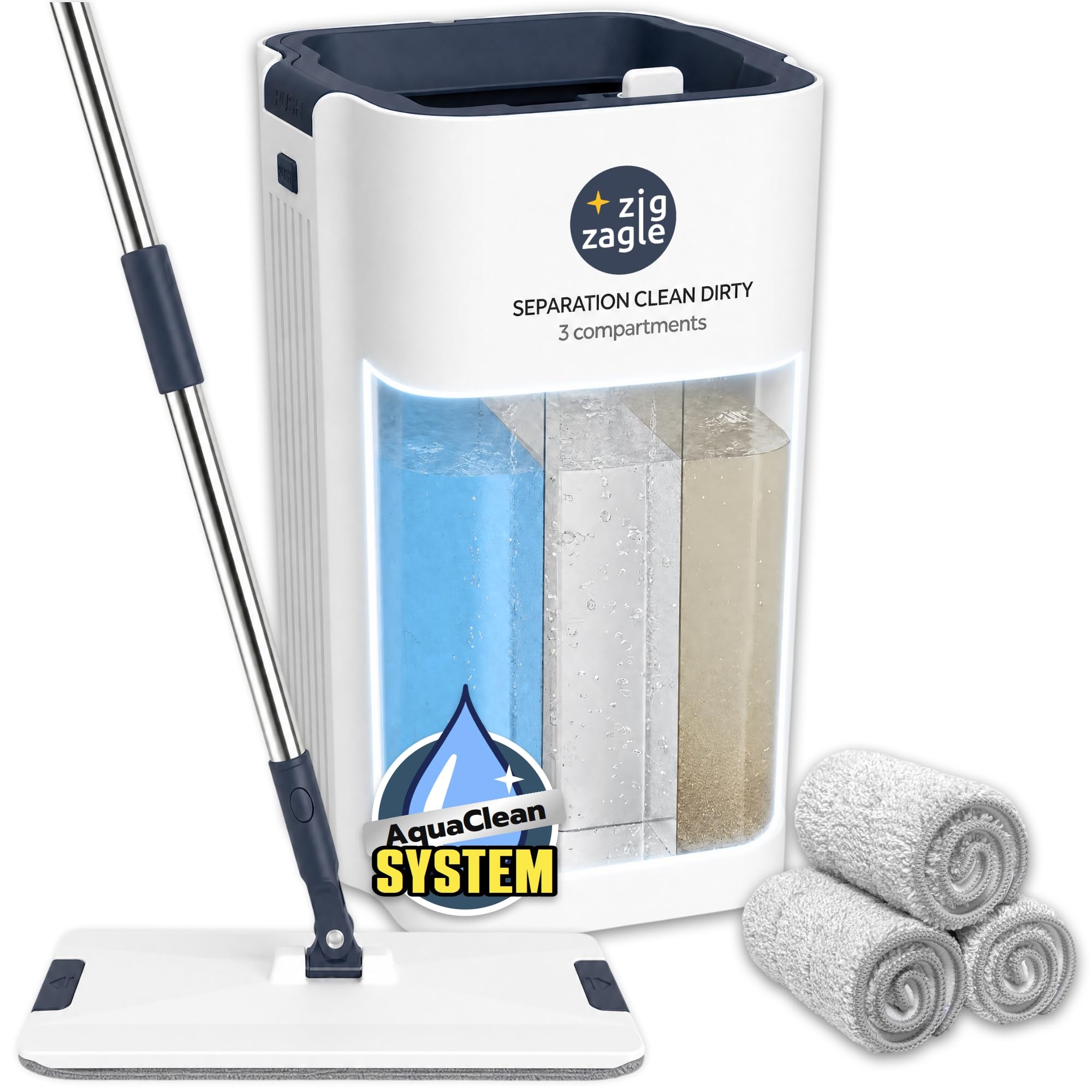 Juego de Fregona Plana y Cubo, Pure Water System, Separación Agua Limpia/Sucia: Ultra Higiénico, Limpieza Fácil, Compacto, Mopa Microfibra, Autolimpiable, Cubo Escurridor