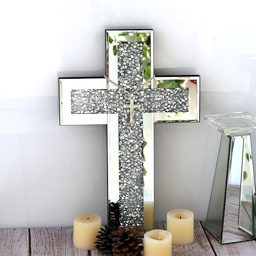 Miniatura 7 de GIMORRTO Decoración de pared con cruz de espejo - Espejo de cristal incrustado con diamante triturado de 15 x 10 pulgadas