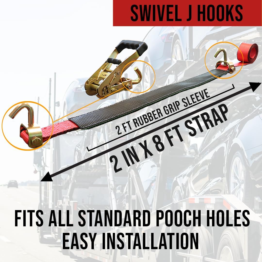 Boxer Pro Series Car Tie Down - Rolling Idler Swivel J Hook – 2 Inch x 8 Feet – 4 Pack - Tire Holder, Wheel Bonnet, Auto Hauler Tie Down System