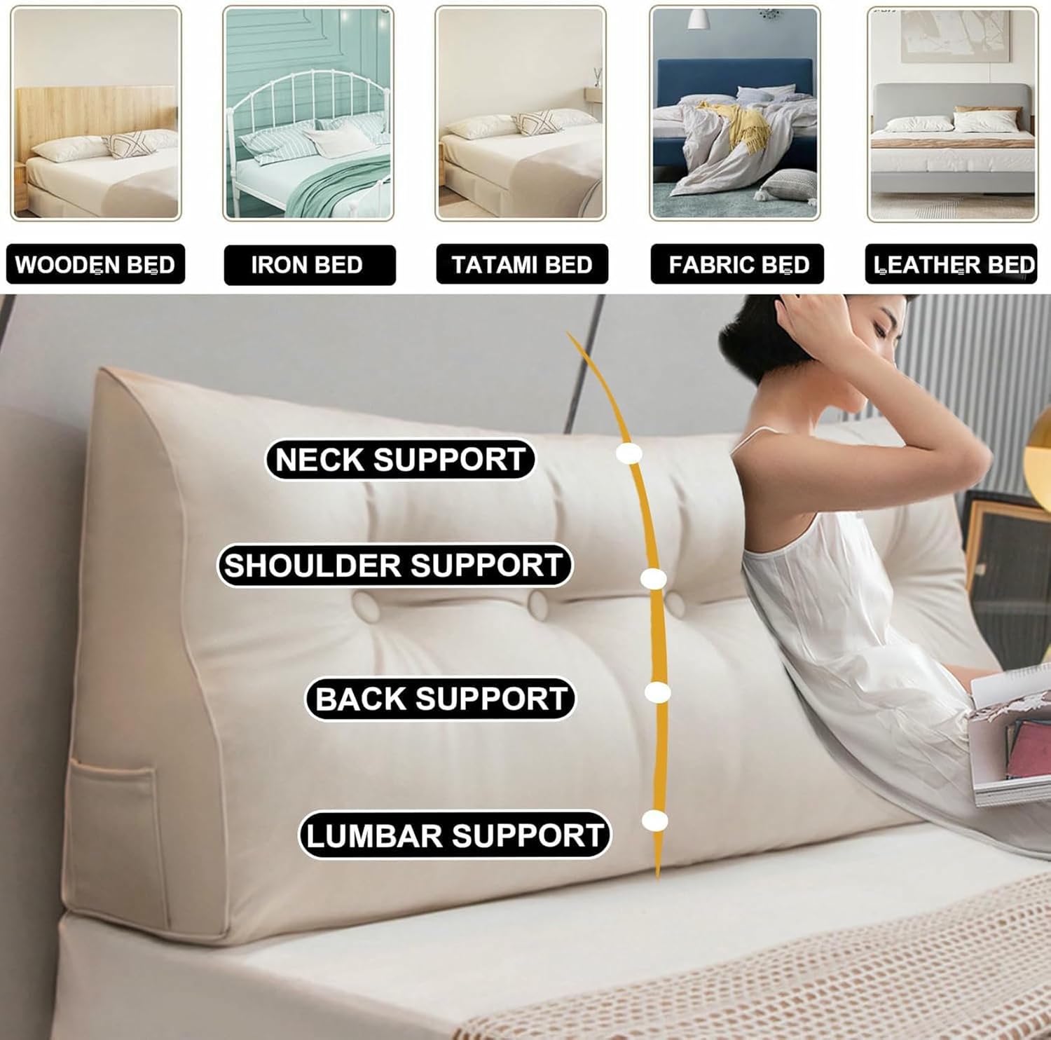 Large Wedge Reading Pillow,Zippered Headboard Cushion Triangular Backrest,Solid Color Bed Rest Bolster Daybed Bunk Bed Dorm Cushion with Removable Cover~/