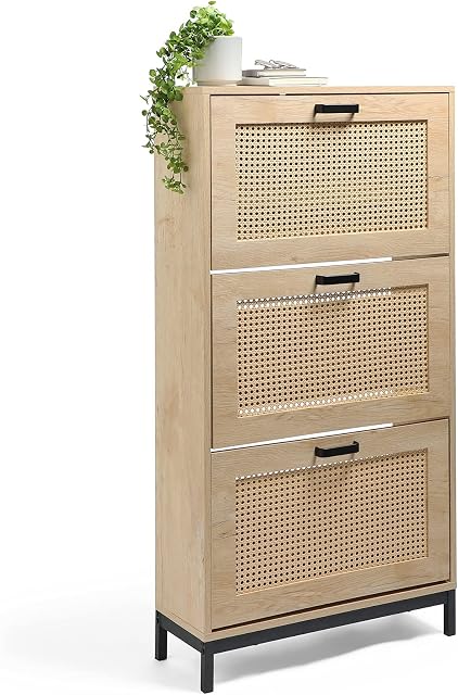 VonHaus Rattan Shoe Cabinet - Wicker Shoe Cupboard w/ 3 Pull Down Doors - Light Wood Effect Footwear Organiser - Fits Shoes Up to Size 9 - Industrial Scandi Style for Living Room & Hallway - Lena