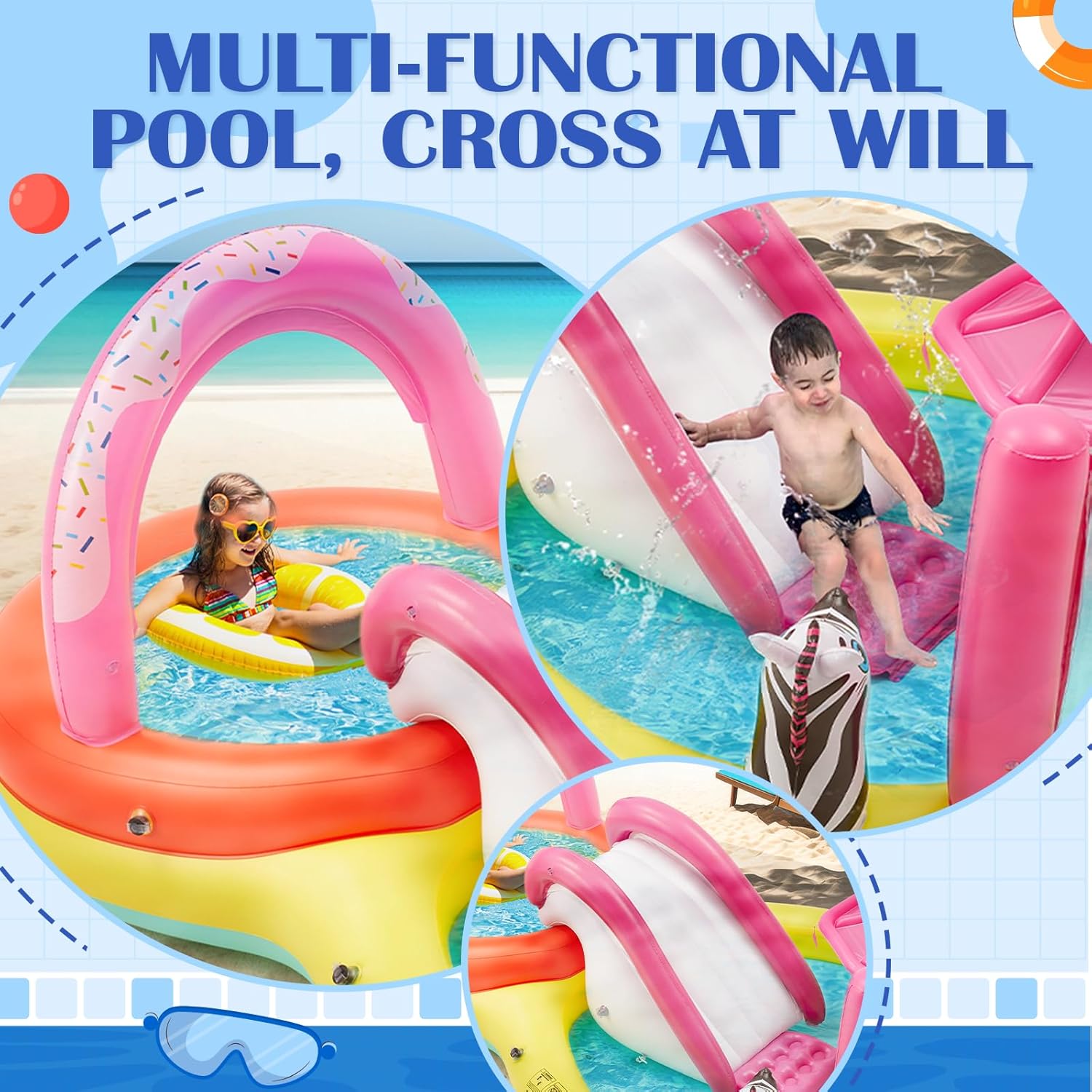 Inflatable Kiddie Pool with Water Slide, 110” x 66” x40” Play Center Fun Summer Water Toys for Kids, Outdoor Water Toys for Toddlers with Sprayers, Ring Toss & Ball Game