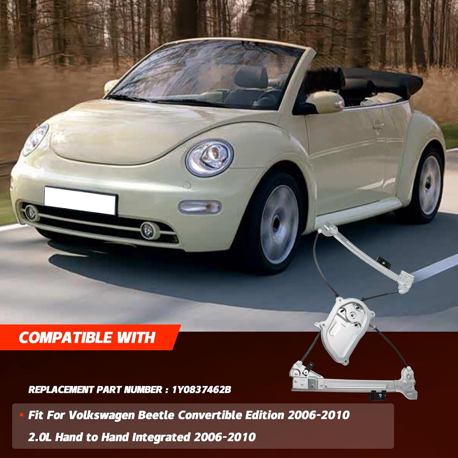 Front Passenger Side Door Power Window Regulator Compatible with Volkswagen VW Beetle Convertible 2003-2010 1Y0837462F 1Y0837462B 740-085(Right)