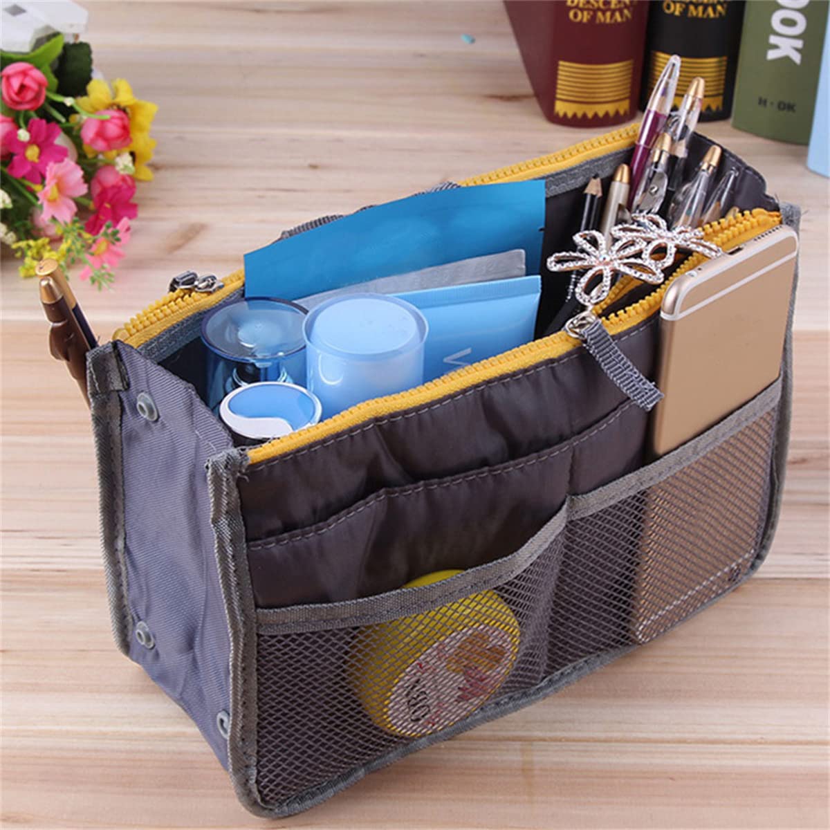 Large Capacity Purse Organizer Nylon Multiple Pockets Handbag Organizer with Mesh Grid Men Women Outdoor Travel Insert Compartment Tote Bag for Cosmetics Mobile Phones Cards Money(grey)