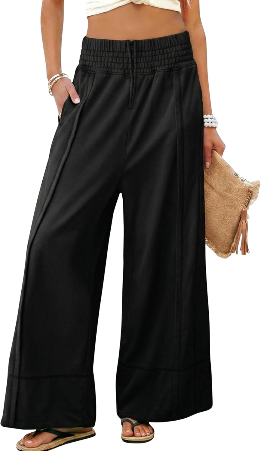 Tanming Womens Wide Leg Pants Cotton Stretchy High Waisted Palazzo Pants Daily Workout Wear Lounge Sweatpants with Pockets
