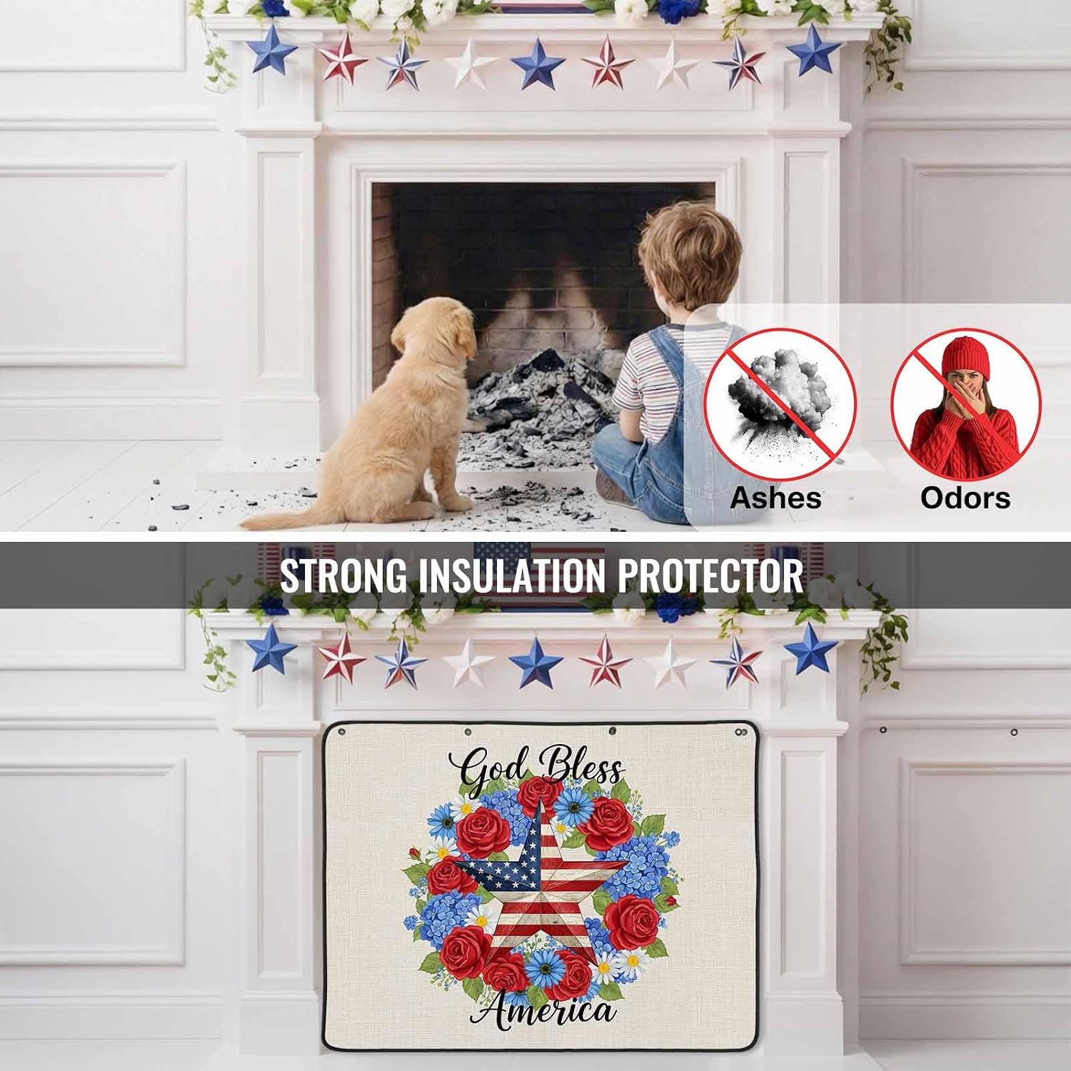 4th of July Magnetic Fireplace Cover Patriotic Stars Wreath Fireplace Screen Red White Blue Rose Daisy Insulation Fireplace Blocker Save Energy Fireplace Draft Stopper Covers for Living Room 39x32