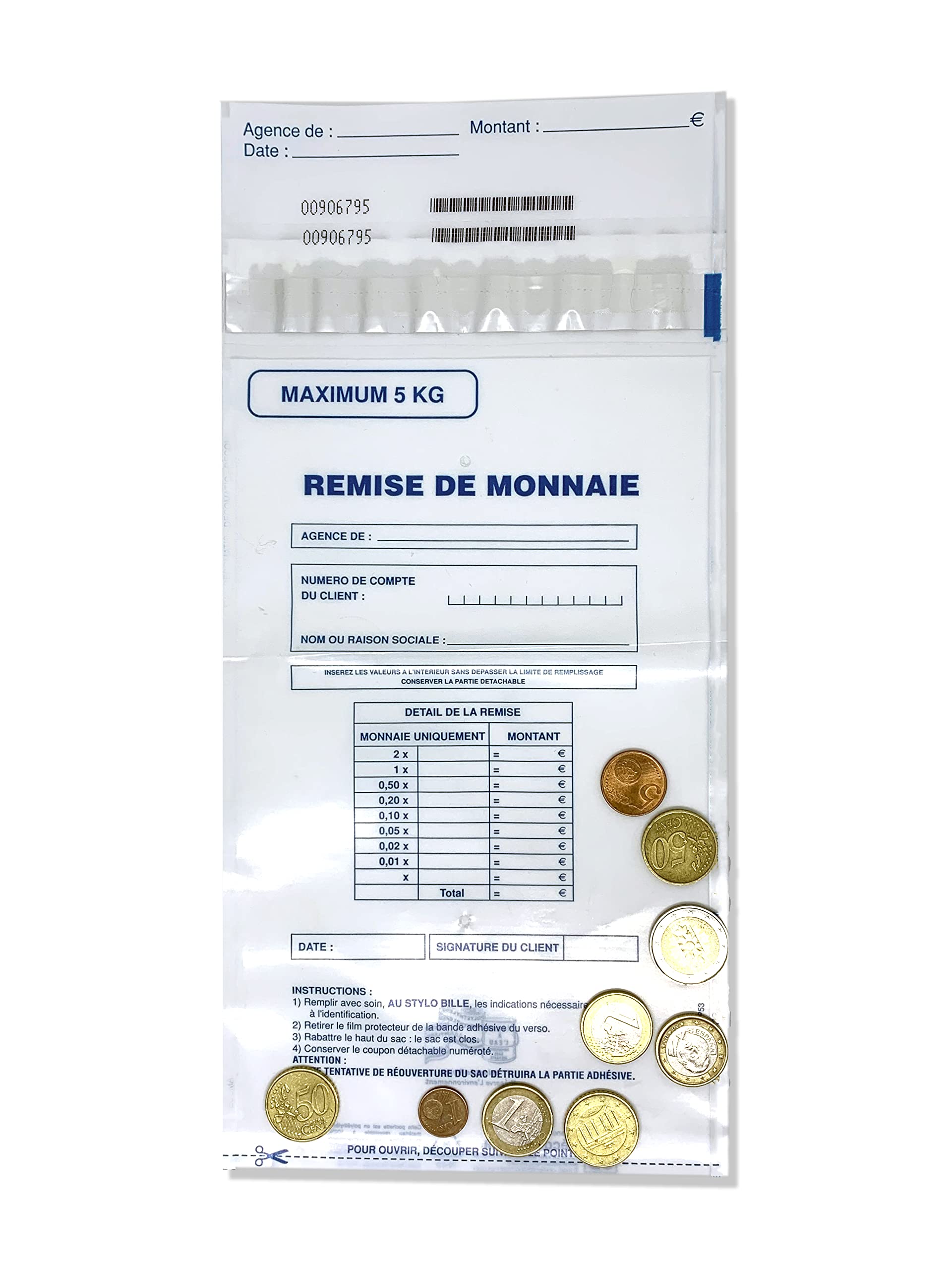 Sachet scellé pour pièces de Monnaie - Lot de 50 - 5Kg - Numérotation séquentielle et code-barres unique