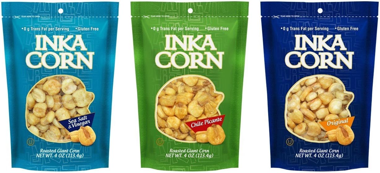 Inka Non-GMO Giant Roasted Corn Snacks 3 Flavor 6 Bag Variety Bundle, 2 each: Sea Salt & Vinegar, Chile Picante, Original - 4 Ounces