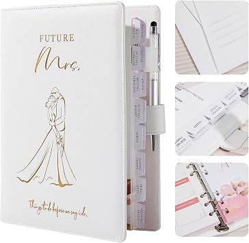 AW BRIDAL Best Engagement Gifts For Her Bride To Be Gifts Future Mrs Leather Wedding Planner Book And Organizer For The Bride Wedding Planning Notebook Budget Planner Binder, 140 Pages, White