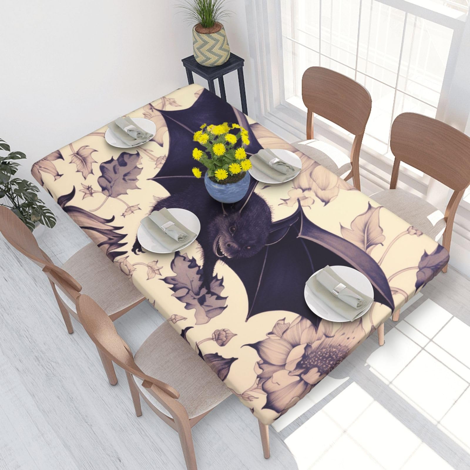 DCARSETCV Bat Print Printed 4FT Waterproof Tablecloth with Elastic Edged Protect & Decor Your Table, Oil-proof Washable Table Cloth Cover for Dinner Picnic Party