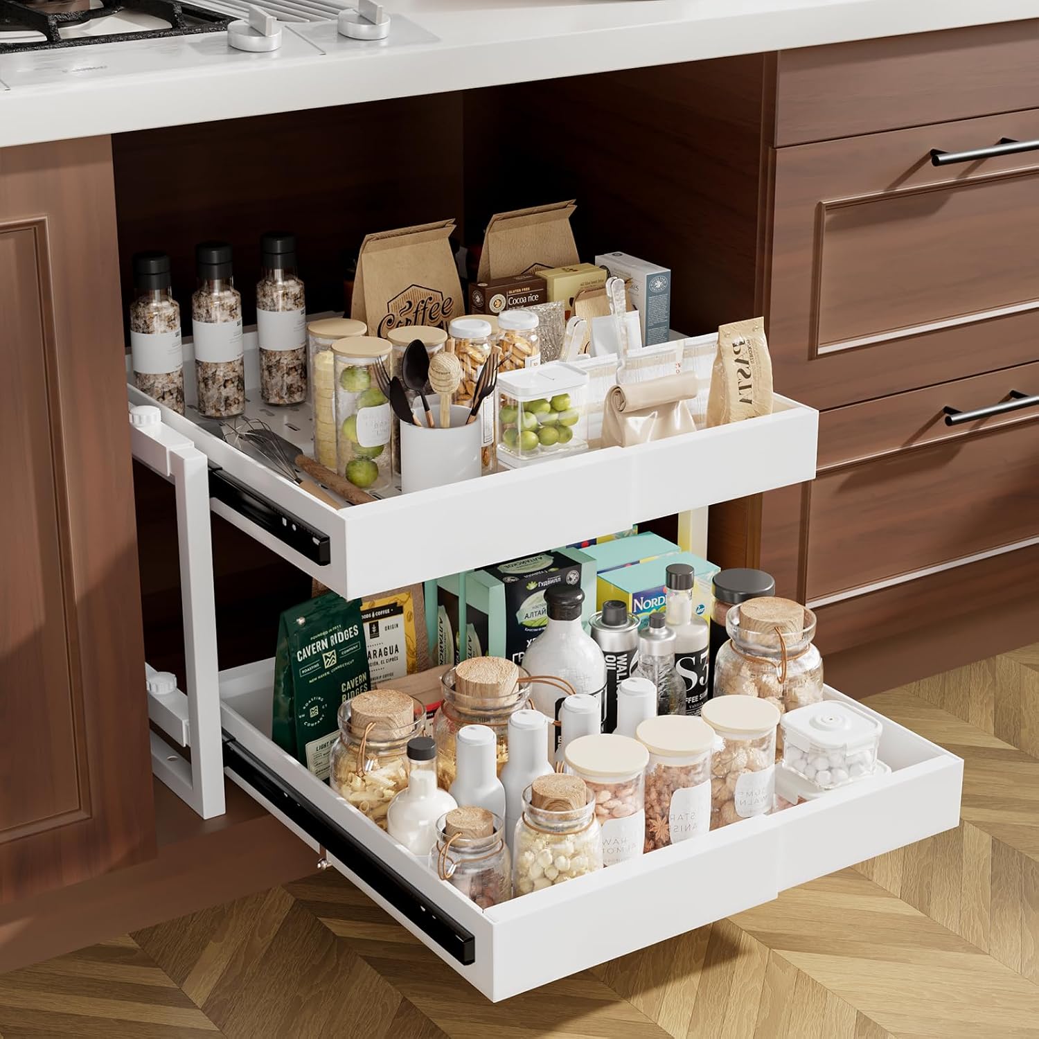 2-Tier Expandable Pull Out Cabinet Organizer, Heavy Duty Adjustable Width Metal Slide Out Shelf, No Screw Cabinet Storage Rack for Kitchen Bathroom 17in Depth Cabinet（Black）