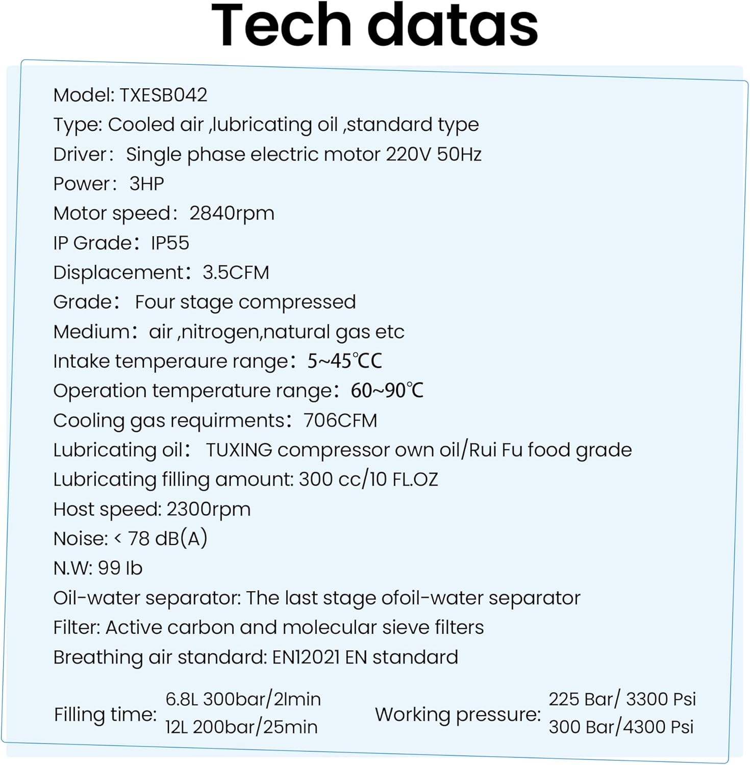 TUXING 4500Psi Pcp Air Compressor,100L/min,3.5CFM,110V/60HZ Single Phase,High Pressure Air Fill Station & Charging System for Scuba Tank Pcp Rifle Filling Blue