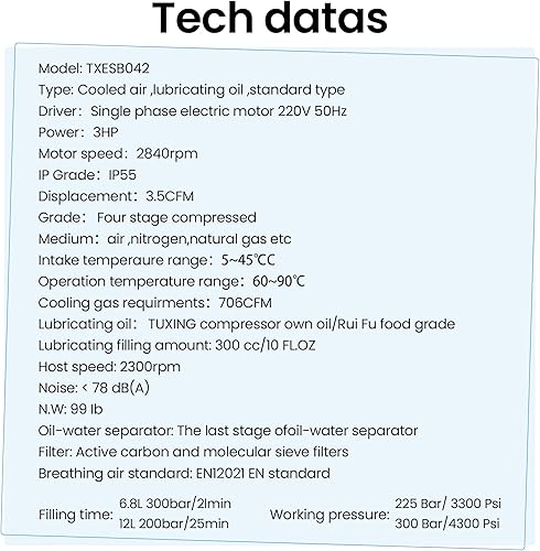 Miniatura 8 de TUXING Compresor de aire de 4500 psi, 100 l/min, 3.5 CFM, 110 V/60 HZ monofásico, estación de llenado de aire de alta presión y sistema de carga