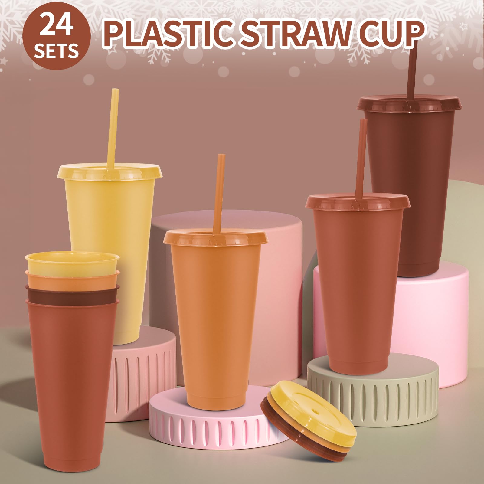 MSYU Lot de 24 grands gobelets en plastique réutilisables avec couvercles et pailles, pour Noël, mariage, fête prénatale, anniversaire (710 ml) (marron)