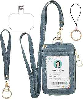 bolimoss Blue Lanyard Wallet for ID Badges with Long Neck Lanyards and Wristlet Strap, Badge Holder Case with Zipper Pocket for Offices ID, School ID, Driver Licence,Travel Cruise Ship Cards