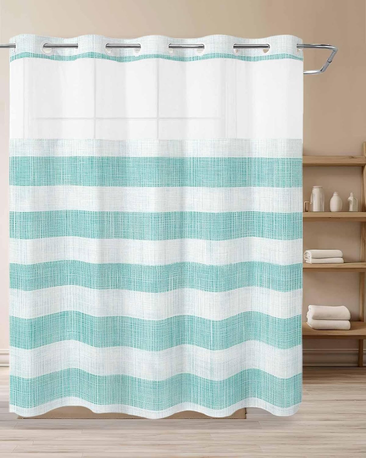 Retro Watercolored Linen Striped No Hook Shower Curtain with Snap in Liner Set,Teal Waterproof Fabric Shower Curtains with See Through Top Window for Bathroom,72Wx72L