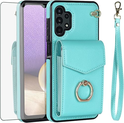 Asuwish Funda de teléfono para Samsung Galaxy A32 5G 2021 de 6.5 pulgadas con protector de pantalla de vidrio templado y soporte de tarjeta de