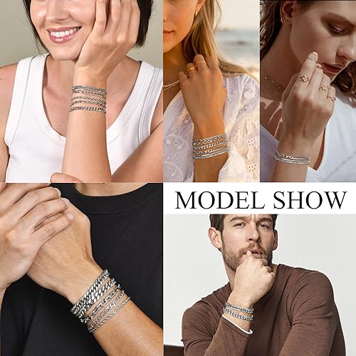 Miniatura 5 de VNOX 57 pulseras de cadena para hombres y mujeres, juego de pulseras de cadena de eslabones cubanos de acero inoxidable resistente para hombres y