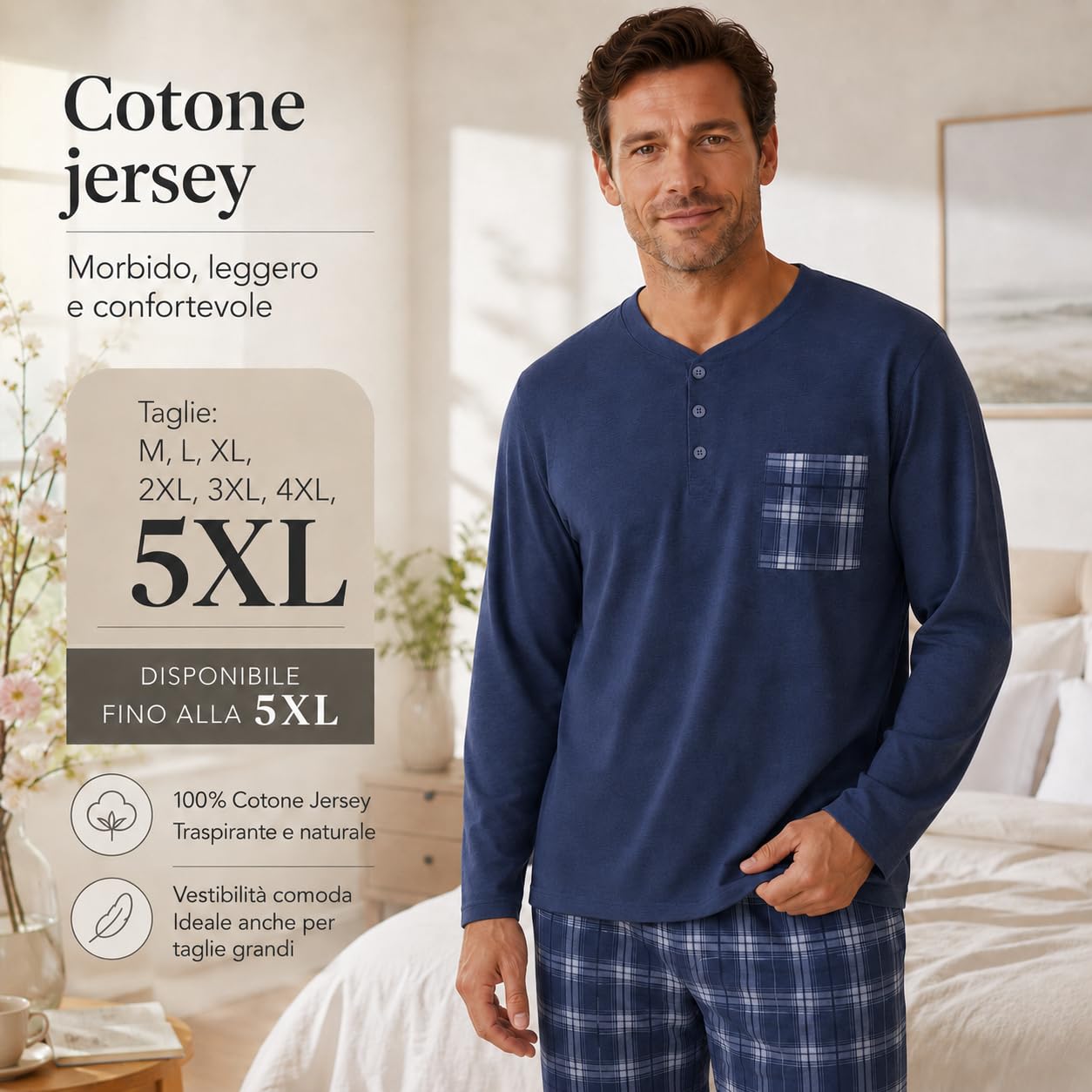 Leedya Pyjama long en coton jersey 100 % peigné - style et confort dans chaque détail - pyjama léger pour les nuits d'été - poignets sans stress