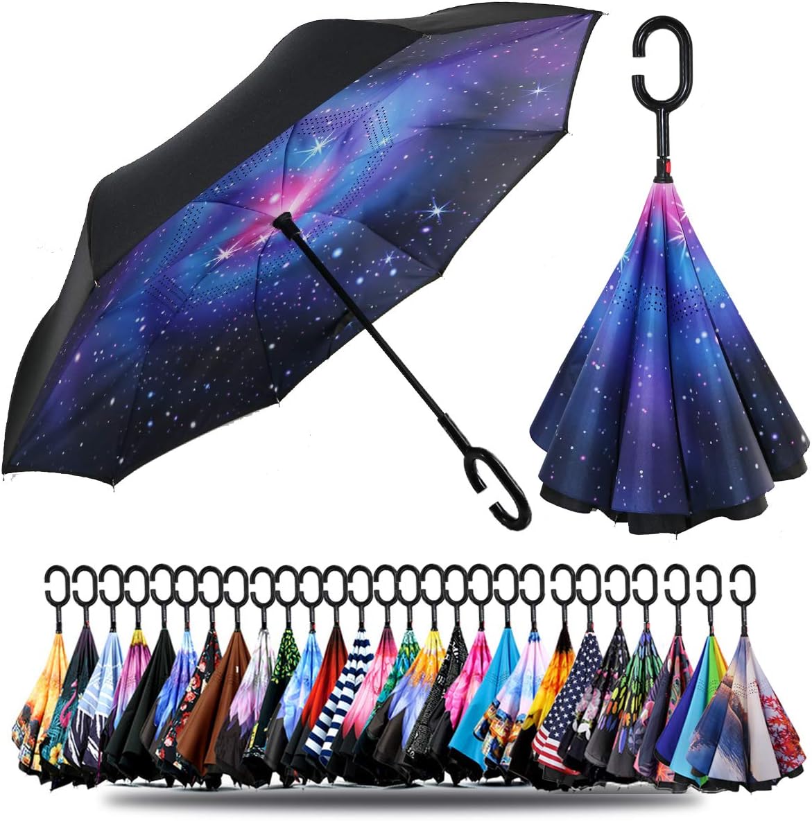 SIEPASA 49/56 Inch Inverted Reverse Upside Down Umbrella, Extra Large Double Canopy Vented Windproof Waterproof Stick Golf Umbrellas with C-shape Handle.