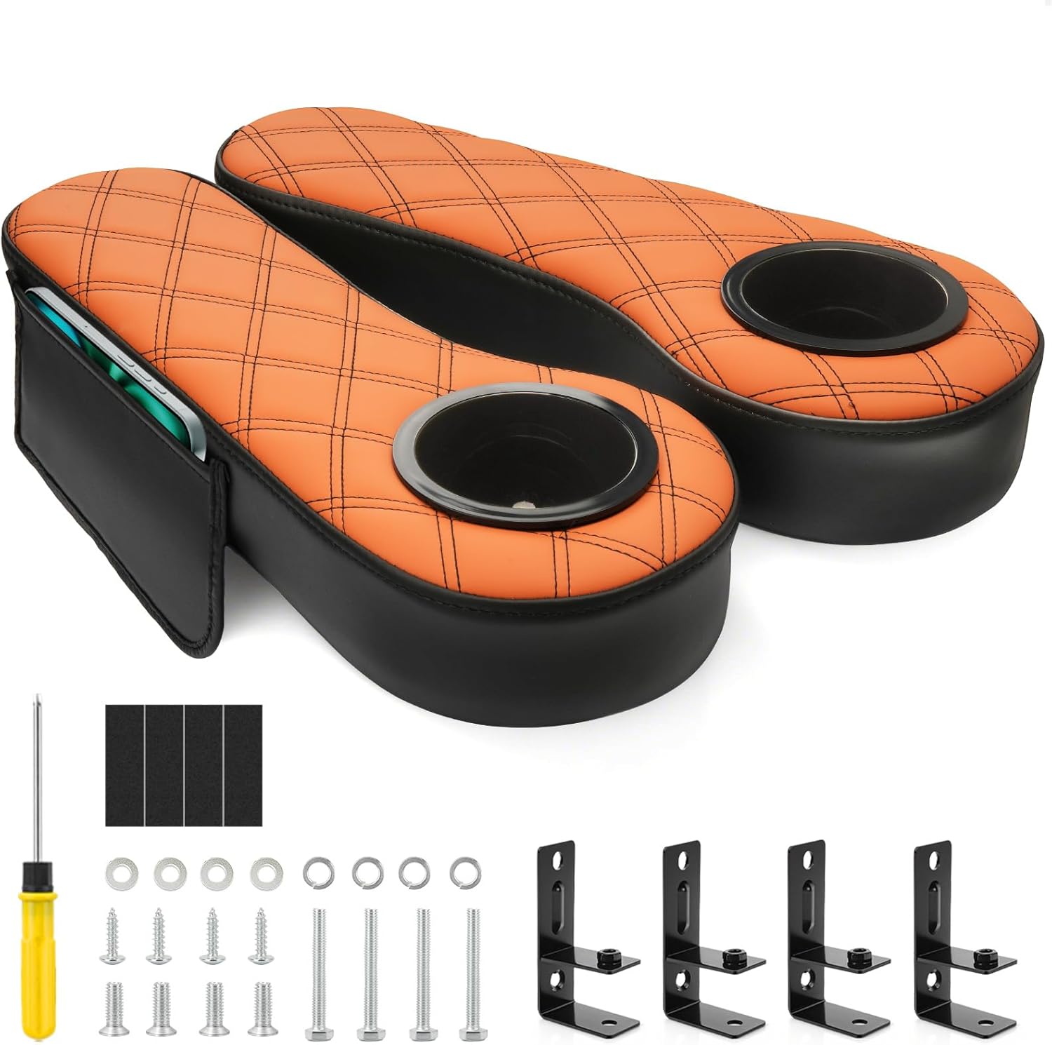 Panglong Golf Cart Armrest with Cup Holder and Phone Storage Pouch-Black or Brown, Fit Club Car EZGO Yamaha Rear Seat 1-Inch Square Tube
