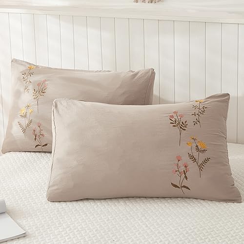 Fundas de almohada bordadas con flores, juego de 2 fundas de almohada florales color topo, 100% microfibra lavada, funda de almohada bohemia