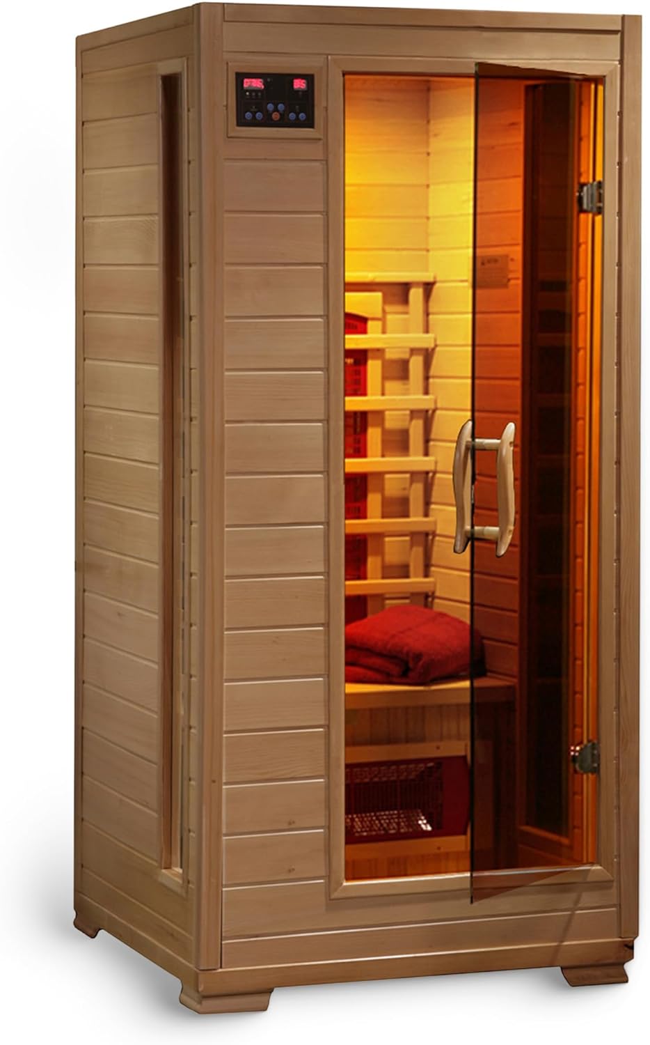 HEATWAVE Buena Vista 1-2 Person Hemlock Low EMF Infrared Wood Sauna for Home & Indoor Relaxation – With 3 Ceramic Heaters, Chromotherapy Lighting, Tempered Glass Door, Built-In Stereo Sound System