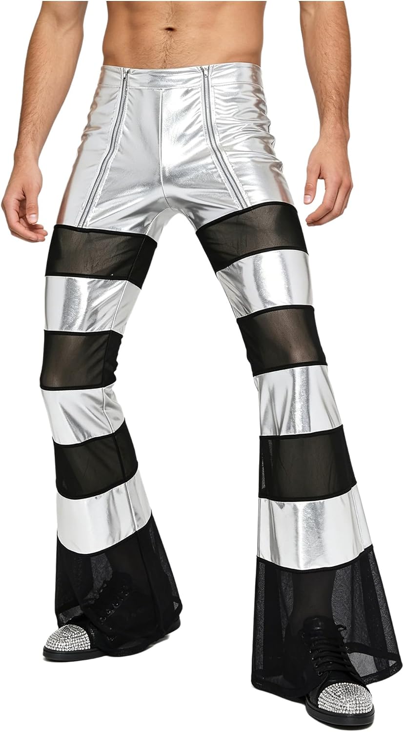 Men Hippie Pants Dance Bottoms Faux Leather Zipper Side Front Slim Fit Retro Flared Trousers for Rave