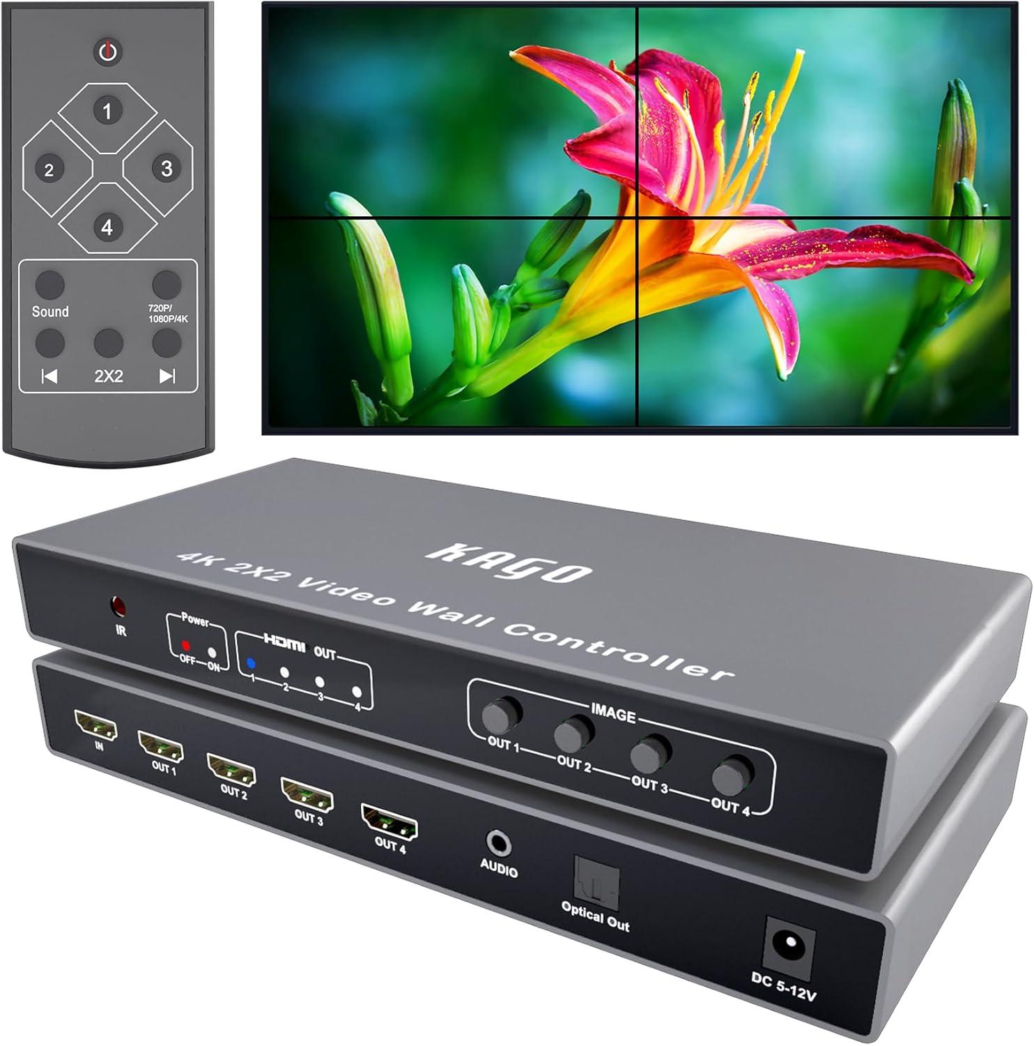 Video Wall Controller 2x2, 4K@30Hz TV Wall Processor,2.1 5.1 Audio Extractor for 4 TV Splicing Display with IR Remote Supports 1x1, 1x2, 1x3, 1x4, 2x1, 2x2, 3x1, 4x1