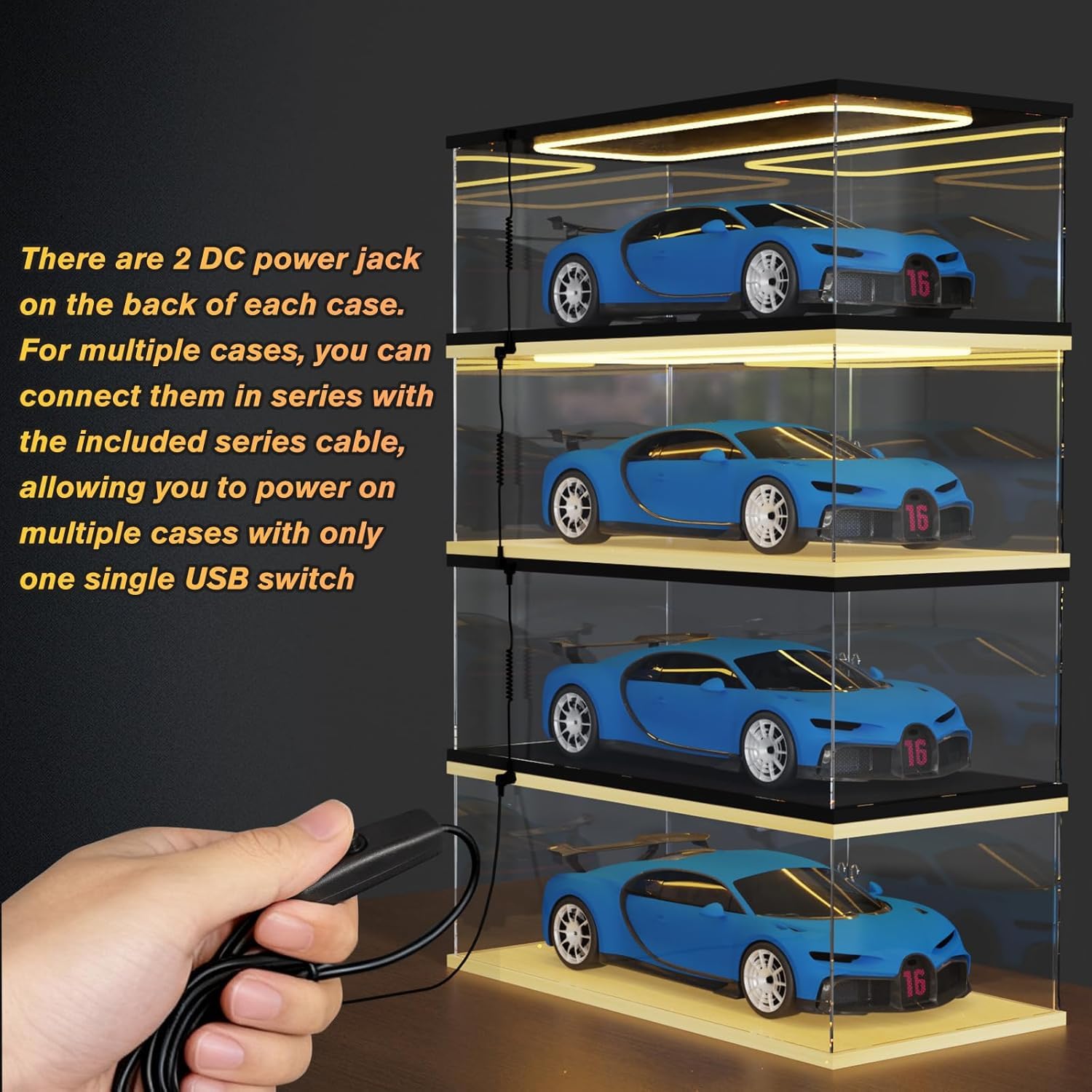 DuvinDD Vitrina acrílica con iluminación LED para Lego Ferrari Daytona SP3 para Lego McLaren P1 para Porsche 911 – 60 x 30 x 20 cm – Caja protectora transparente contra el polvo con base negra