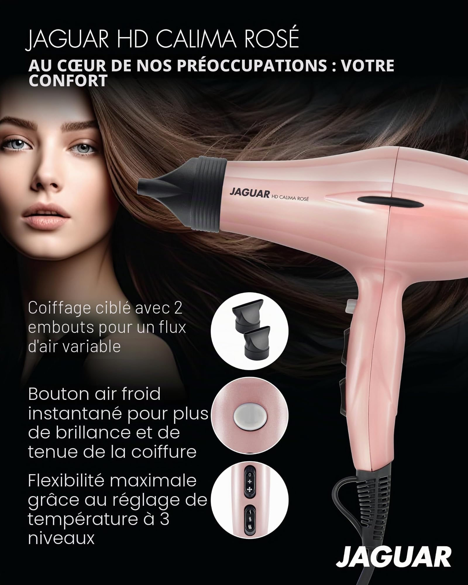 JAGUAR Sèche-cheveux HD Calima Rosé - Puissant sèche-cheveux professionnel avec bouton froid instantané et réglages individuels de chauffage et de soufflerie pour des styles uniques