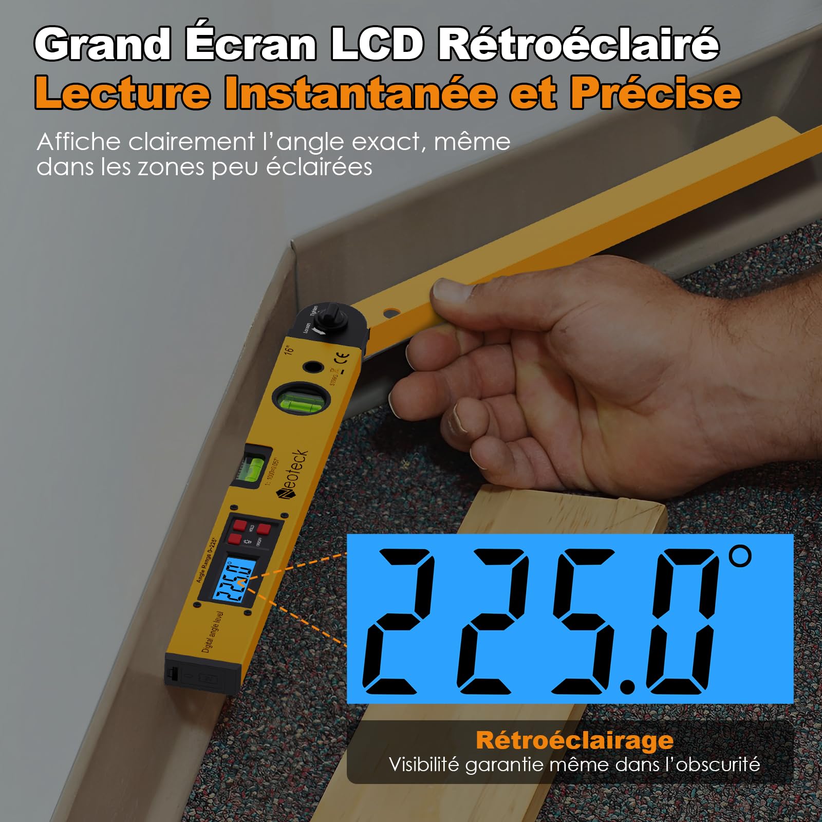 Neoteck 400mm / 16inch 0~225 ° Numérique Angle Finder Règle d'angle Horizontal NumériqueLCD Rétro-Éclairage Niveau Rapporteur avec Étui Portable pour Industrielles Restructuration du Travail Jaune