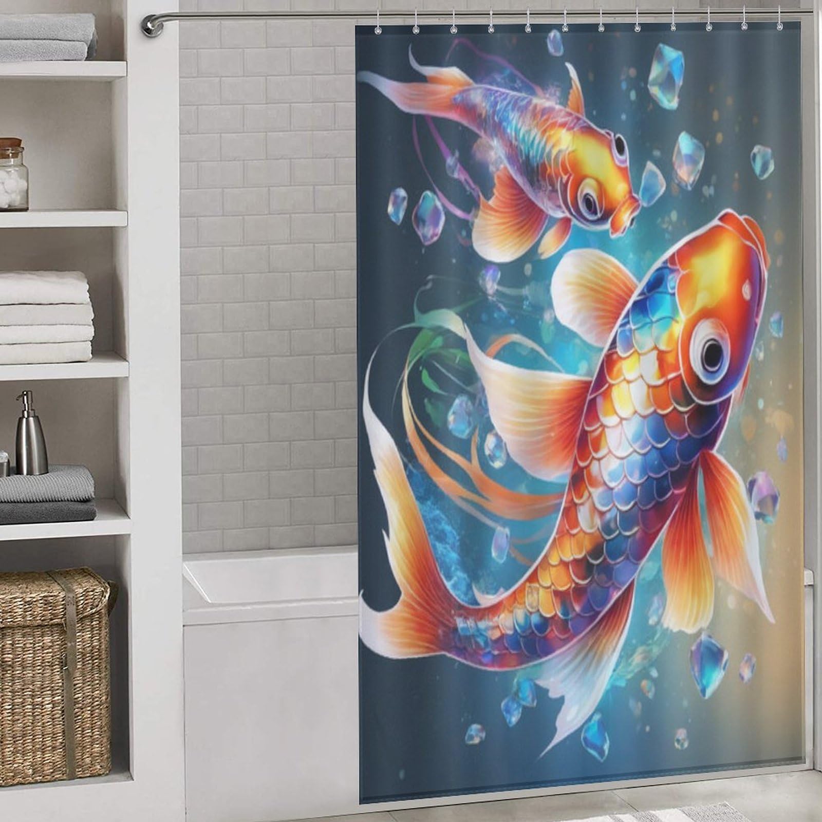 Rideau de douche poisson koï en tissu polyester pour baignoire
