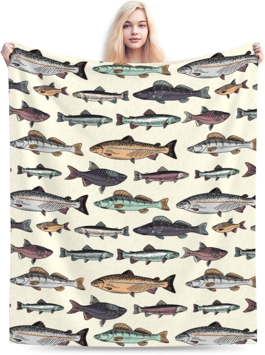 Vintage Fish Blanket Soft Lightweight Throw Blankets Cozy Flannel Bed Throws for Sofa Couch Travel Home Room Bedroom Decor Gifts for Boys Girls Kids Adults 60"x50" - Image 9