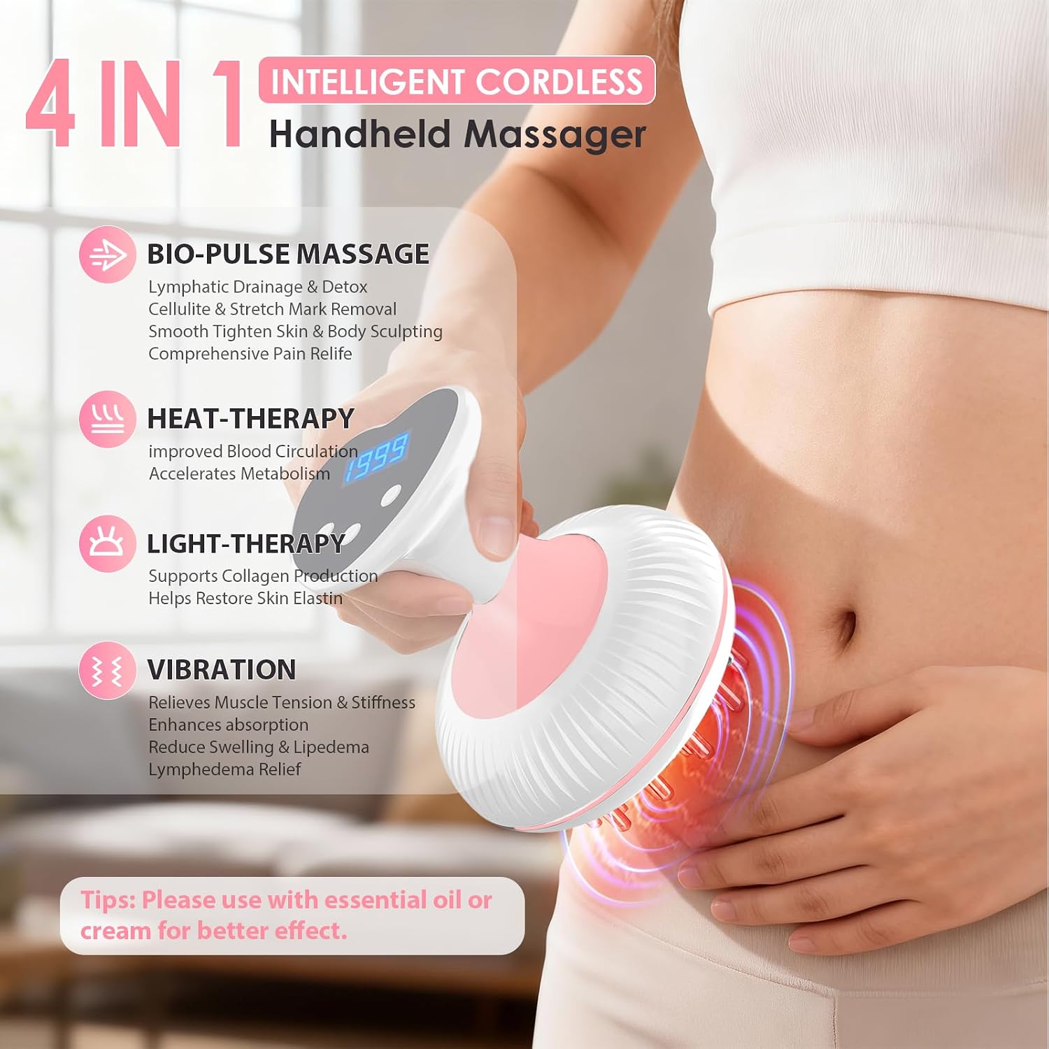 lymphatic drainage massager & anti cellulite massage tool, helps reduce stretch marks & cellulite, for legs, arms & belly, body sculpting machine with microcurrent & light & heat & vibration white & pink