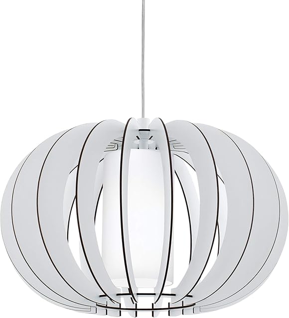 Eglo Stellato 2 Pendant Light, 1-Bulb Vintage, Modern, Pendant Light Made of Steel, Wood and Glass in White, Dining Table Lamp, Living Room Lamp Hanging with E27 Socket, Diameter 40 cm
