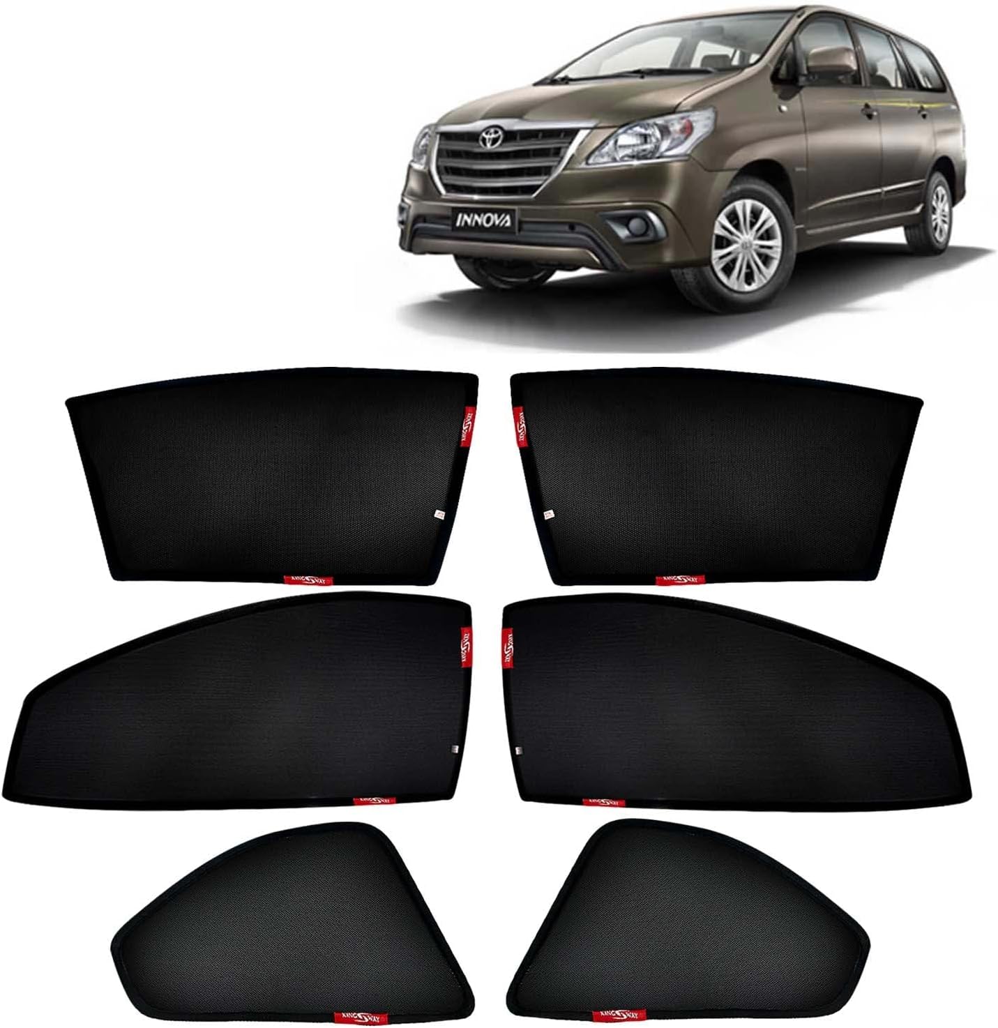 KINGSWAY Accessories Car Sun Shade Z-Black Non Magnetic Fix Type Curtains Only Compatible with Toyota Innova Year 2004 to 2012 All Model, Only Half Cut in Front Window, Car Curtains, Pack of 6 Pcs