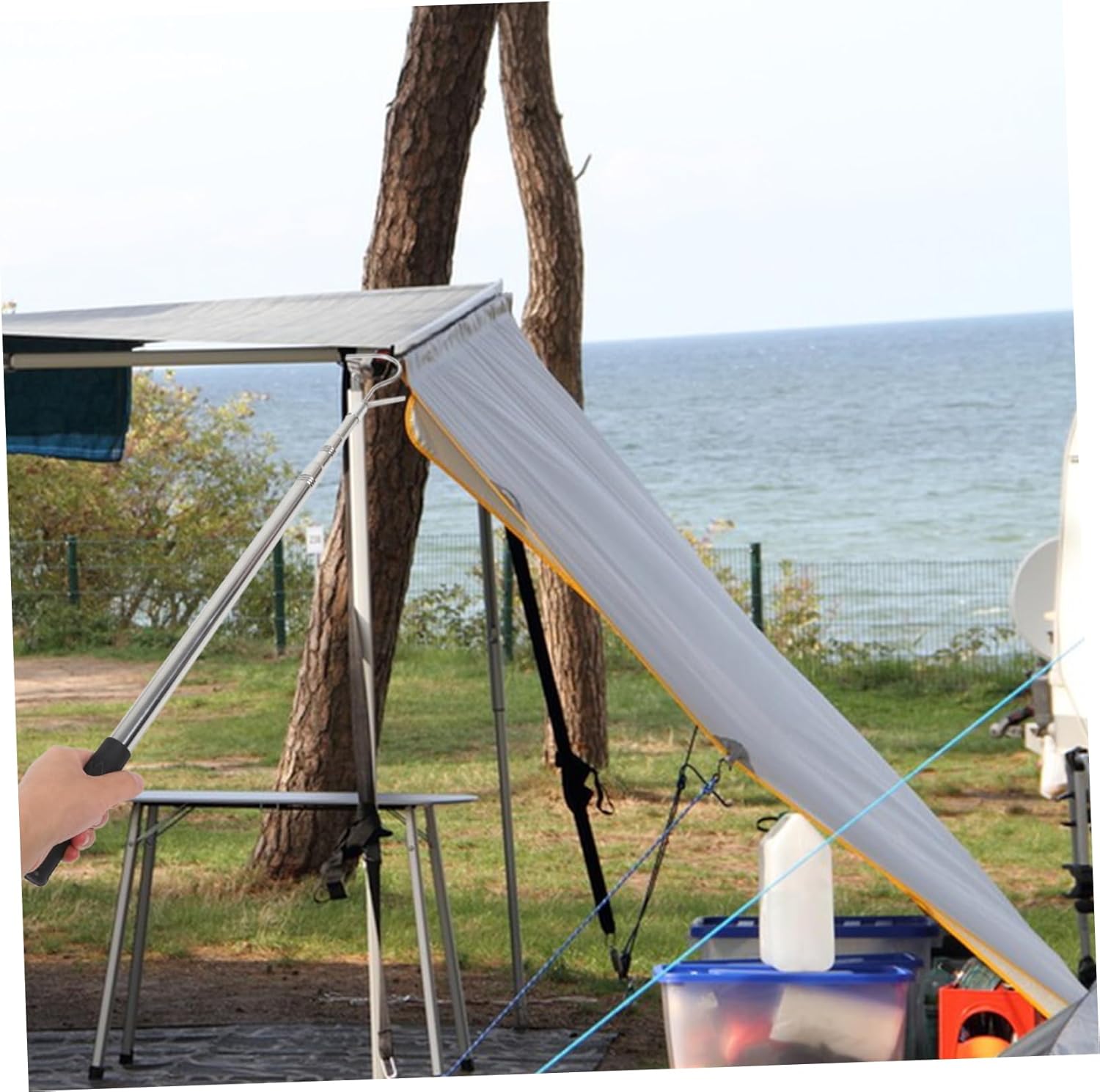 1.5m Awning Pulling Rod Adjustable Camping Awning Opener Retractable Sunshade Puller for Tents and Shelters Compact Extends to Includes Hook for Easy Use