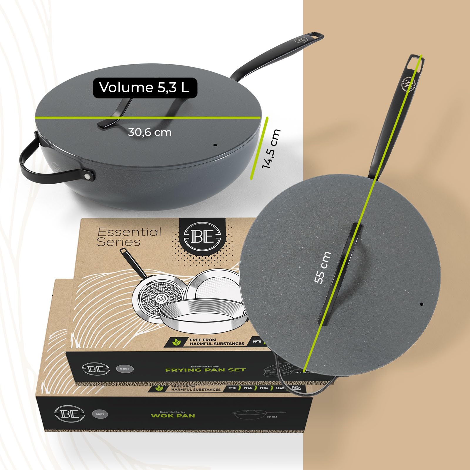 BE Living Essential 5-częściowy zestaw garnków, Ø 20, 24 i 28 cm patelnia do smażenia + Ø 30 cm patelnia do gotowania + Ø 28 cm, zestaw patelni, ceramiczne, bez PFAS, indukcja, szary